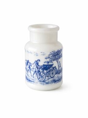 Vintage Milk Glass Bud Vase Blue Transferware Scene Made in Belgium Mini Vase